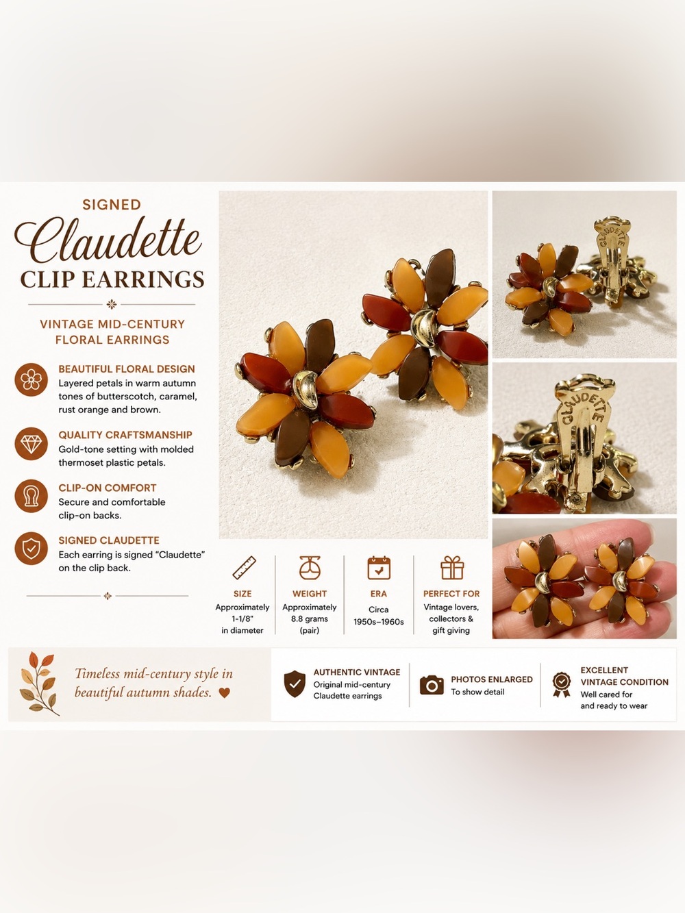 Signed Claudette MCM Floral Clip-On Earrings in Amber, Caramel & Rust